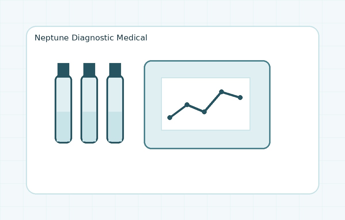 Diagnostic laboratory illustration with test tubes, reports, and analysis graphics.